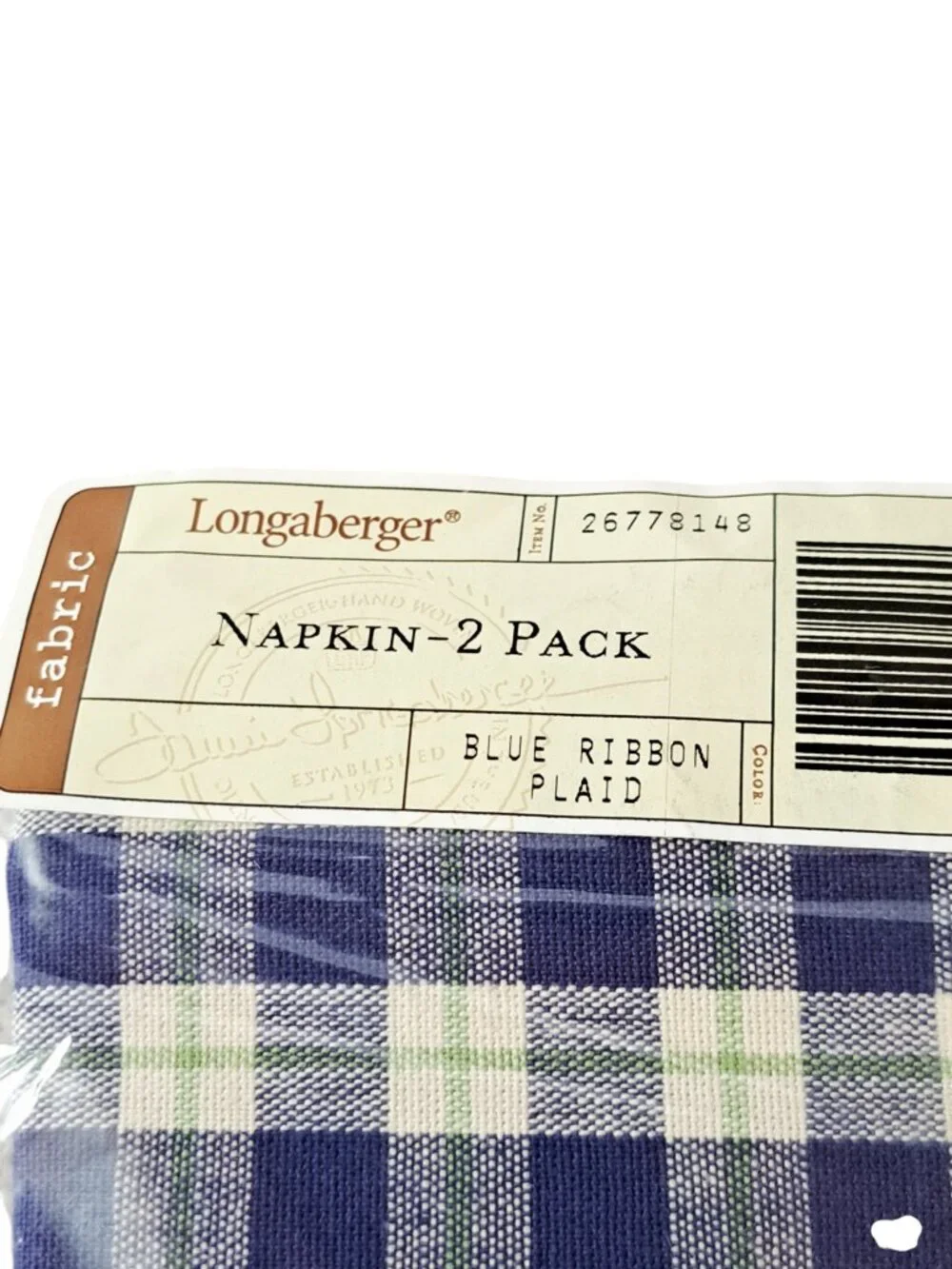 Longaberger Set Of 2 Blue Ribbon Plaid Fabric Napkins